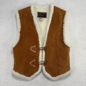 Vtg Genuine Suede Leather Vest Faux Shearling Lined Sherpa Womens M 70s Western